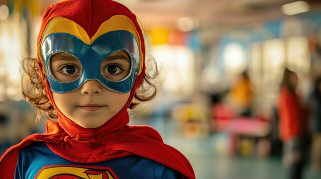 Fototapeta Child Superhero Costume Red Cape, Mask, Playful Portrait