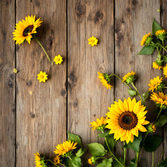 Fototapeta premium Sunflowers and small yellow flowers arranged on a rustic wooden background. The image creates a beautiful, natural, and summery feel.
