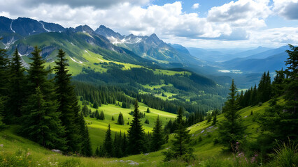 Fototapeta premium Panoramic view of a majestic mountain range with snowcapped peaks, overlooking a lush green valley dotted with coniferous forests and rolling hills under a partly cloudy sky.