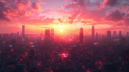 Fototapeta premium Futuristic city skyline at sunset, vibrant red sky, glowing buildings.