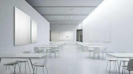 Fototapeta premium A clean and modern art gallery space with minimalist white tables and chairs for visitors to relax.