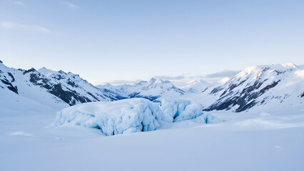 A serene landscape showcasing a glacial formation amidst snowcovered mountains under a clear, pale blue sky. The ice displays a striking blue hue.