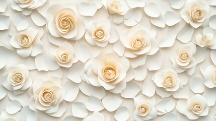 Intricate paper art depicting white rose flowers and petals arranged in a seamless pattern background.