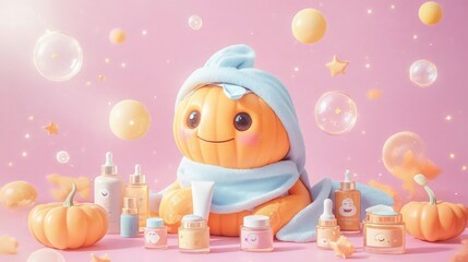 A pumpkin with a cute, content expression and a light blue towel wrapped around its head, sitting amidst a collection of small jars of skincare products and facial masks. 