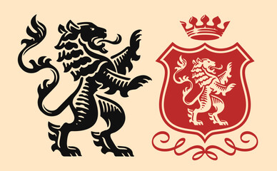 Heraldic lion standing on its hind legs with open mouth, emblem. Royal coat of arms, banner flag with crown © ~ Bitter ~
