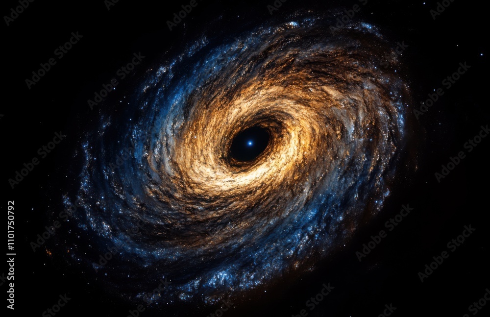 Poster a spiral galaxy with a black hole at its center, with swirling gas and dust that forms the arms of t