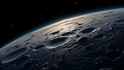 Fototapeta premium A dark, cratered lunar landscape is shown, illuminated by a distant light source. Numerous impact craters and rugged terrain are visible against the backdrop of a starry sky. The view suggests a low o