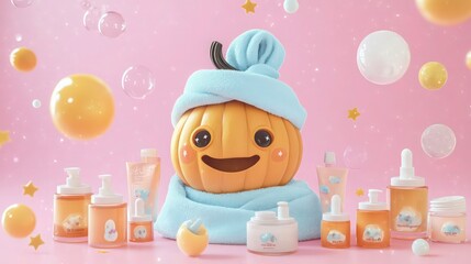 A pumpkin with a cute, content expression and a light blue towel wrapped around its head, sitting amidst a collection of small jars of skincare products and facial masks. 