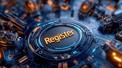 Fototapeta premium Register and submission concept. Futuristic register button on a digital circuit background