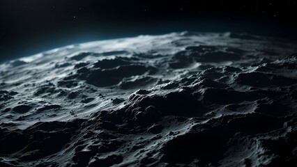 Fototapeta premium A dramatic closeup of a dark, mountainous lunar surface. Rugged terrain, craters, and shadows cast under the night sky create a mysterious, alien landscape. Stars are visible in the distance.