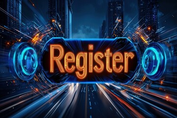 Register and submission concept. Illuminated "Register" sign with futuristic background and motion effects