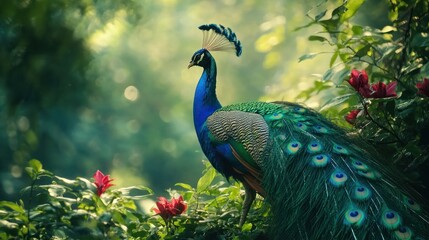 Fototapeta premium Majestic Peacock Amidst Lush Green Foliage and Flowers
