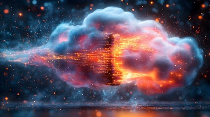 Close Up Macro of Cloud Storage Device Emitting Digital Data Streams in High-Tech Setting