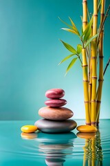 Obraz premium Serene Zen Stones Bamboo Plants Glossy Background Copy Space Spa Wellness Concept Stock Photo