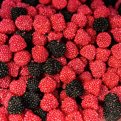 Assorted colorful gummy jelly candies. Top view. Jelly sweets.