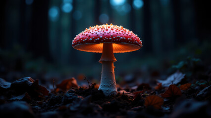 A whimsical scene featuring a large red mushroom with white spots growing from the forest floor among fallen leaves, glowing softly as if illuminated by unseen magic.