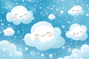 A whimsical illustration of smiling clouds against a blue sky with falling snowflakes.