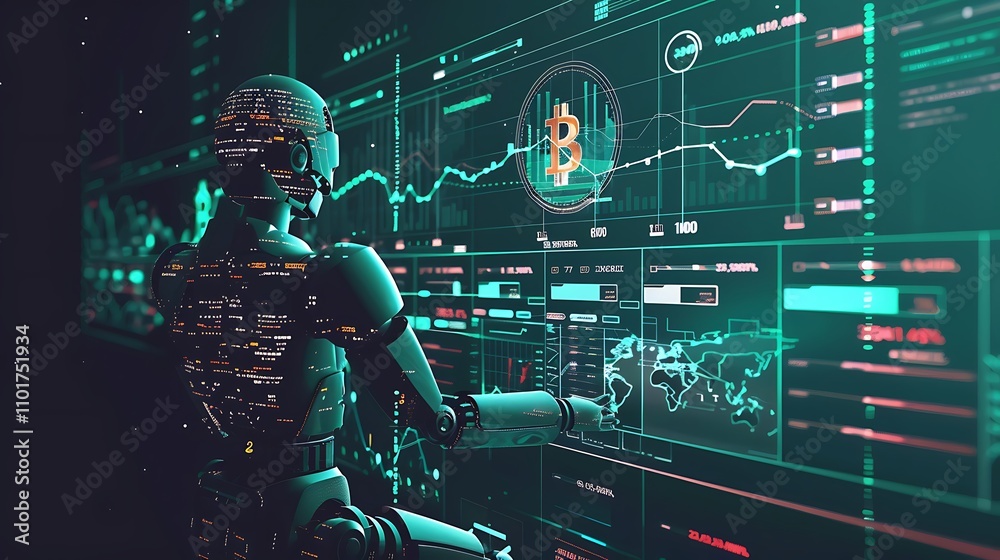 Poster a futuristic robot analyzing cryptocurrency data on a digital interface.