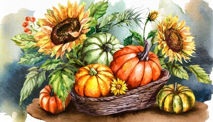 Beautifully detailed watercolor painting of an autumn harvest featuring pumpkins, vibrant sunflower blossoms, and seasonal elements in a warm composition for fall celebrations and decor.