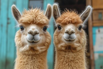 Obraz premium Close-up portrait of two shaggy brown llamas posing in a rustic outdoor setting.
