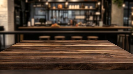 Empty Wooden Table Set Against Blurred Kitchen Background