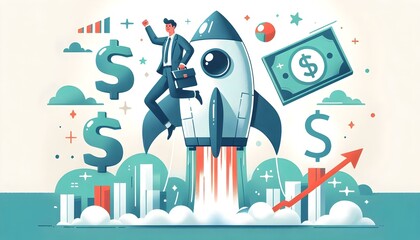 Flat Rocket Launch Financial Growth Dollar Sign Vector Illustration for Startups and Business Ventures