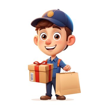 recommend clip art: Cartoon delivery man holding a shopping parcel on a white background.
                    