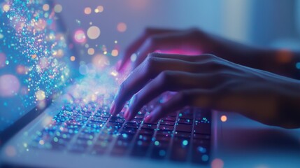 Magical Glittering Keyboard Hands Typing Digital Dreamscape