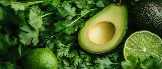 A vibrant arrangement of fresh green ingredients, featuring avocado, lime, and cilantro, perfect for healthy dishes and culinary creativity.