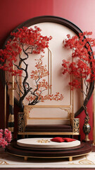 Luxury Asian-inspired decor with red and gold tones, circular frame, and ornate seating, ideal for festive or cultural themes.