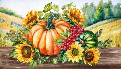 Delicate watercolor artwork featuring an autumn composition with a bountiful harvest, including vibrant pumpkins, sunflower blooms, and rustic seasonal accents, evoking the warmth of fall.