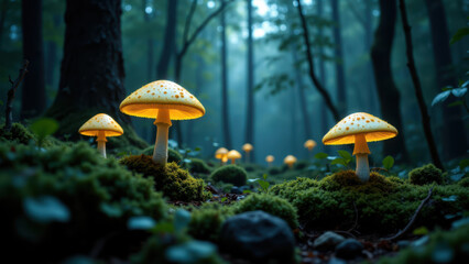 A mystical forest floor illuminated by glowing mushrooms.