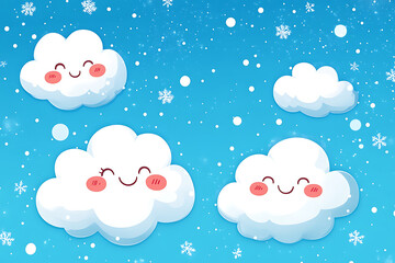 Cute, smiling clouds against a blue sky with snowflakes, evoking a cheerful atmosphere.