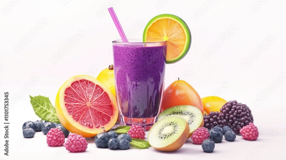 Poster refreshing purple smoothie with assorted fruits