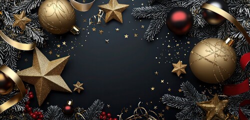 Opulent Christmas scene with a black background and rich gold accents. Featuring large gold stars, baubles, and ribbons with subtle touches of deep red and silver.