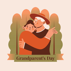 Grandparent's day. Square banner template with illustration of grandmother in hat, who hugs granddaughter on nature background. Cute vector card with text. Flat Design. Cartoon old woman and girl.