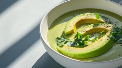 A creamy green soup garnished with avocado slices and fresh herbs, served in a stylish bowl, highlighting its vibrant color and texture.