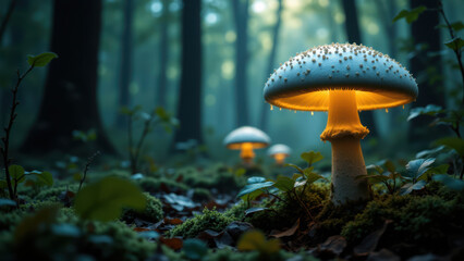 Fototapeta premium A captivating scene featuring a glowing mushroom in a forest at night.