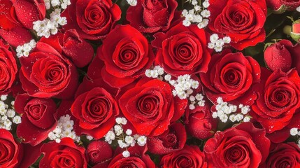 Naklejka premium A close-up of a romantic bouquet of red roses with water droplets, accented with tiny white blossoms.