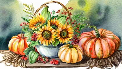 Watercolor artwork of an autumn harvest composition featuring vibrant pumpkins, golden sunflower flowers, and seasonal foliage. Perfect for fall designs, home dÃ©cor, or Thanksgiving themes.