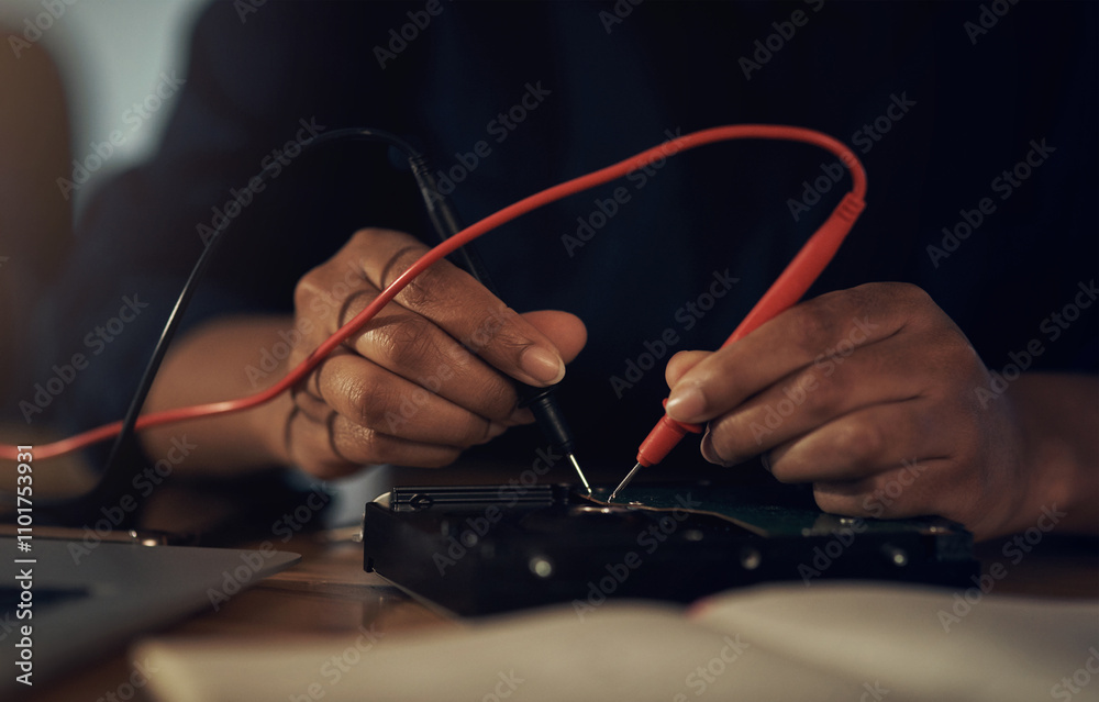Poster circuit board, hands and soldering iron with it technician in office for maintenance or repair. buil