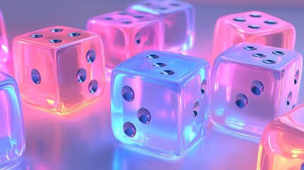 Glowing translucent dice scattered on a reflective surface.