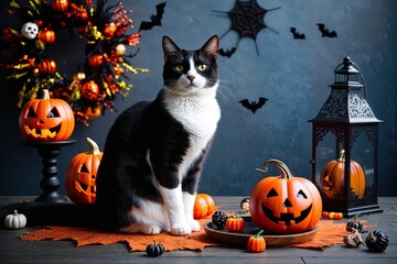 Elegant Cat Surrounded by Festive Halloween Decorations and Spooky Atmosphere