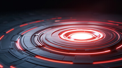 A futuristic, circular design featuring red light and layered patterns, creating a visually striking and high-tech appearance.