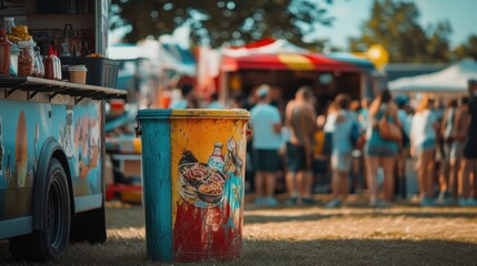 Vibrant Food Truck Festival Trash Can, Summer Event, Crowd