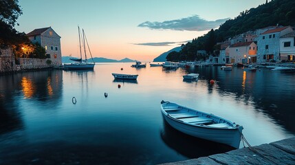 Fototapeta premium Serene Sunset in Croatian Harbor: A picturesque harbor at sunset, with calm waters reflecting the warm glow of the setting sun, and traditional stone buildings lining the shore.