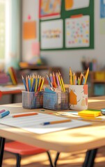 Classroom table with neatly arranged school supplies, organized learning.