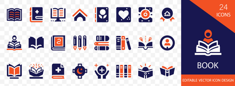 Book solid icon set. containing memoir, journal, diary, bookshelf,   e-book,  notebook, reader, library, novel, story and more vector design