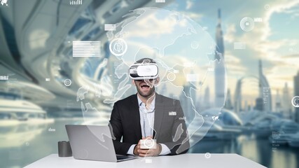 Smart project manager sharing marketing idea while sitting at table with laptop while wearing virtual reality glasses. Skilled businessman looking and checking at financial chart floating. Apparatus.
