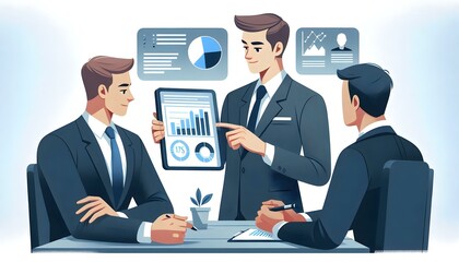 Financial Advisor Consults Clients with Tablet Chart in Modern Office - Professional Data Projection